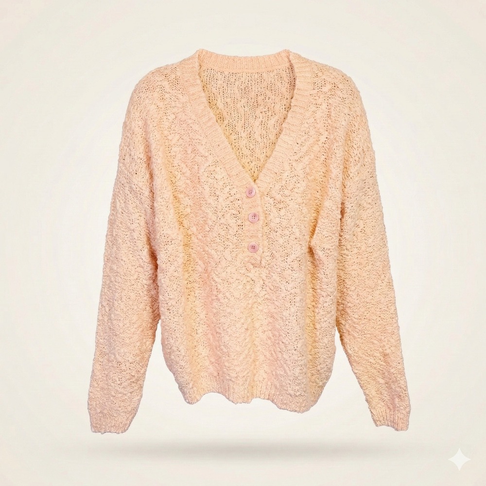 Vintage Shenanigans Popcorn Knit Sweater Women Medium Cream Henley V-Neck‎ EUC